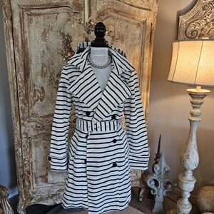 Tommy Hilfiger Navy Blue and White Striped Trench Coat